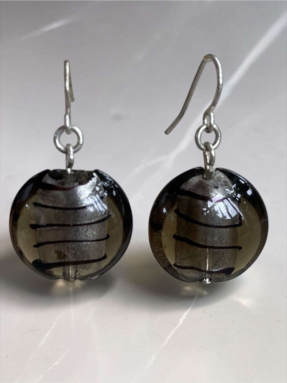 Gray Black Fused Foil Art Glass Round Drop Earrings